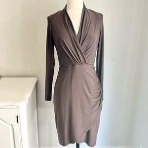 Anne Klein Stretch Dusty Plum Long Sleeve Fitted Surplice Neck Shirred Dress, 2